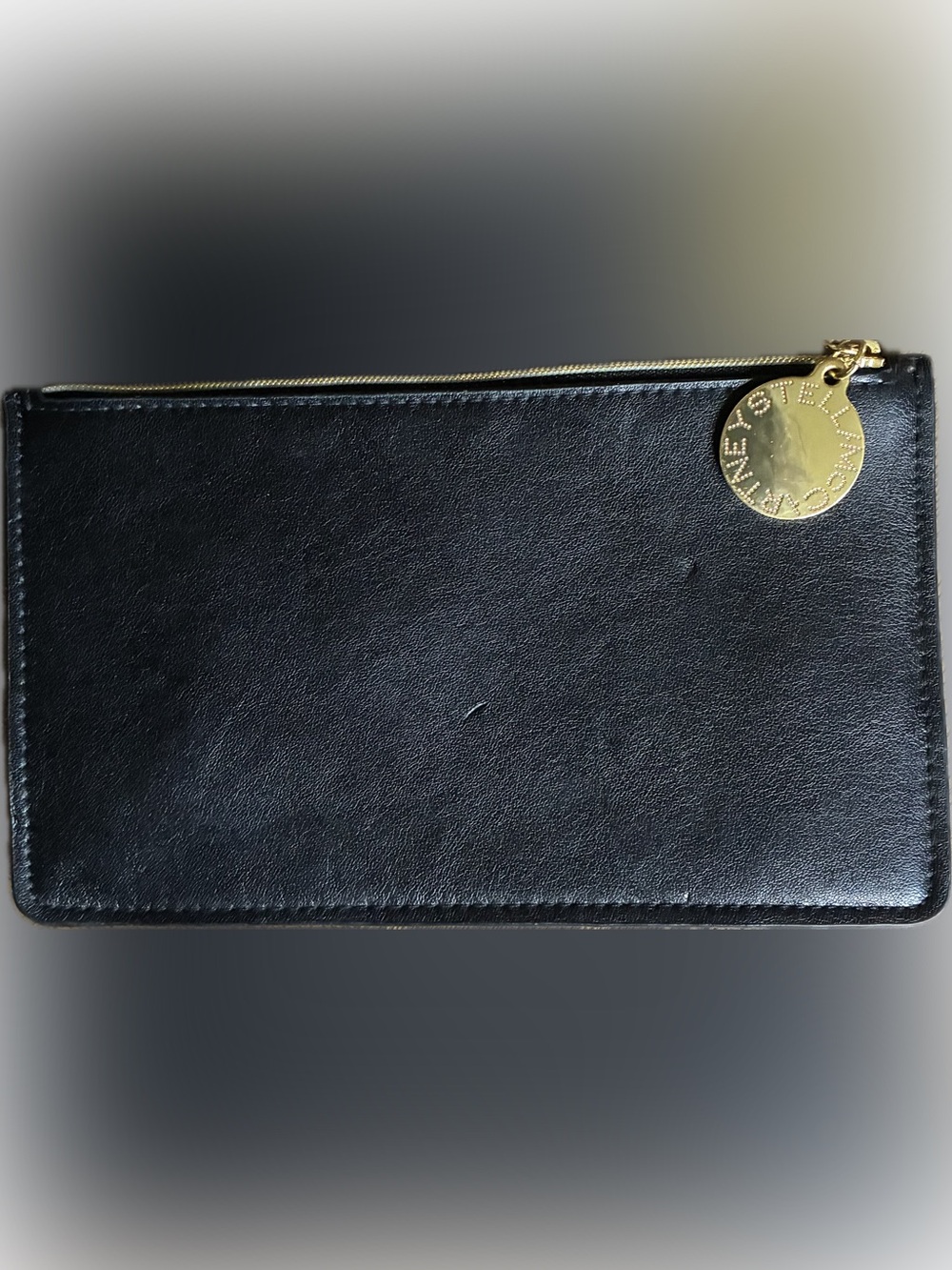 Stella McCartney Black Zip Pouch with Gold Disc Charm